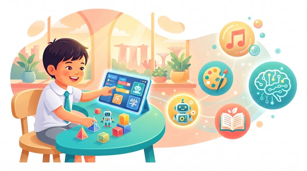 Joyful Singaporean child coding at a desk in a bright classroom, surrounded by enrichment icons.