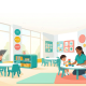 Modern Singapore preschool with parent evaluating bright, child-friendly classroom.