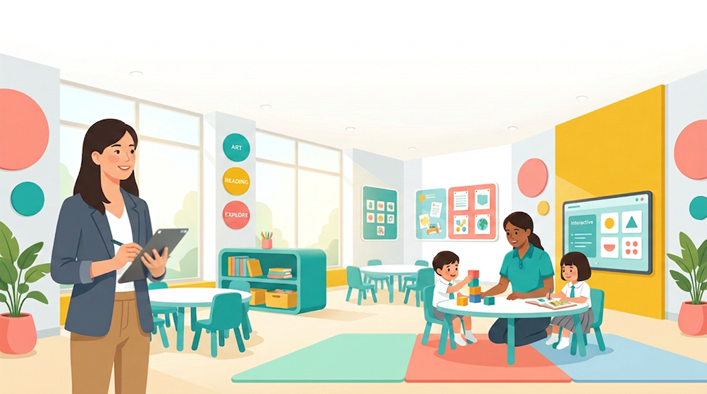 Modern Singapore preschool with parent evaluating bright, child-friendly classroom.