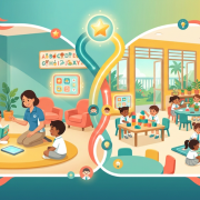 Split classroom scene: cozy preschool and vibrant learning zone, diverse children, engaging teachers, tropical setting.