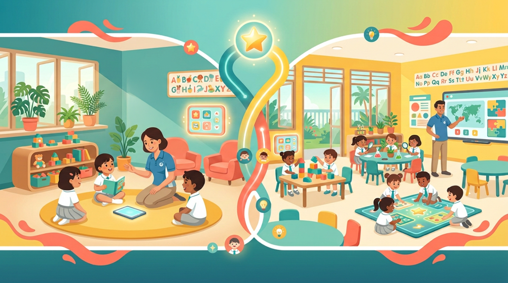Split classroom scene: cozy preschool and vibrant learning zone, diverse children, engaging teachers, tropical setting.