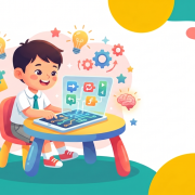 Cheerful Asian child engaging with a tablet, surrounded by playful educational symbols in a vibrant flat-design illustration.