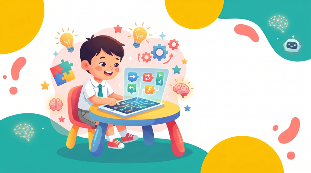 Cheerful Asian child engaging with a tablet, surrounded by playful educational symbols in a vibrant flat-design illustration.