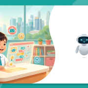 Cheerful Asian child explores glowing educational interface in a bright preschool, modern skyline view.
