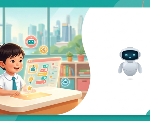 Cheerful Asian child explores glowing educational interface in a bright preschool, modern skyline view.