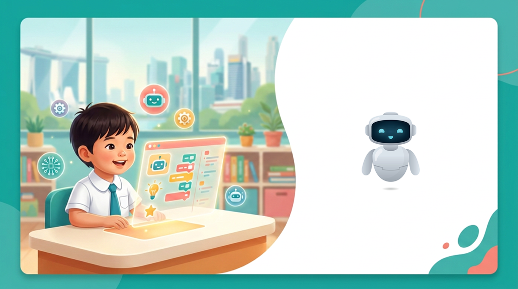 Cheerful Asian child explores glowing educational interface in a bright preschool, modern skyline view.