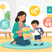 Cheerful mother and child explore checklist in bright Singapore preschool.