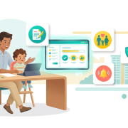 Cheerful parent guides child on tablet at modern desk with Singapore skyline, icons signify steps.