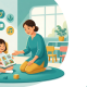 Cheerful preschool classroom in Singapore with child, educator, and playful learning scene.