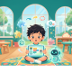 Cheerful preschooler in Singapore explores coding on a tablet in a vibrant classroom.