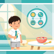 Cheerful scene of Asian child in sunlit room with toothbrush, backpack, and breakfast.