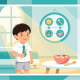Cheerful scene of Asian child in sunlit room with toothbrush, backpack, and breakfast.