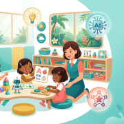 Cheerful Singapore preschool with kids learning, diverse activities, and warm teacher guidance.