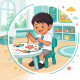 Cheerful Southeast Asian child in Singapore preschool drawing, threading beads, and shaping clay at a teal table.