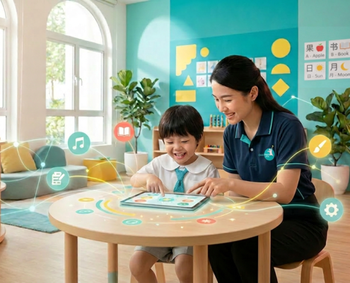Child at preschool desk smiling at tablet, teacher beside, in bright, modern classroom.
