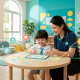 Child at preschool desk smiling at tablet, teacher beside, in bright, modern classroom.