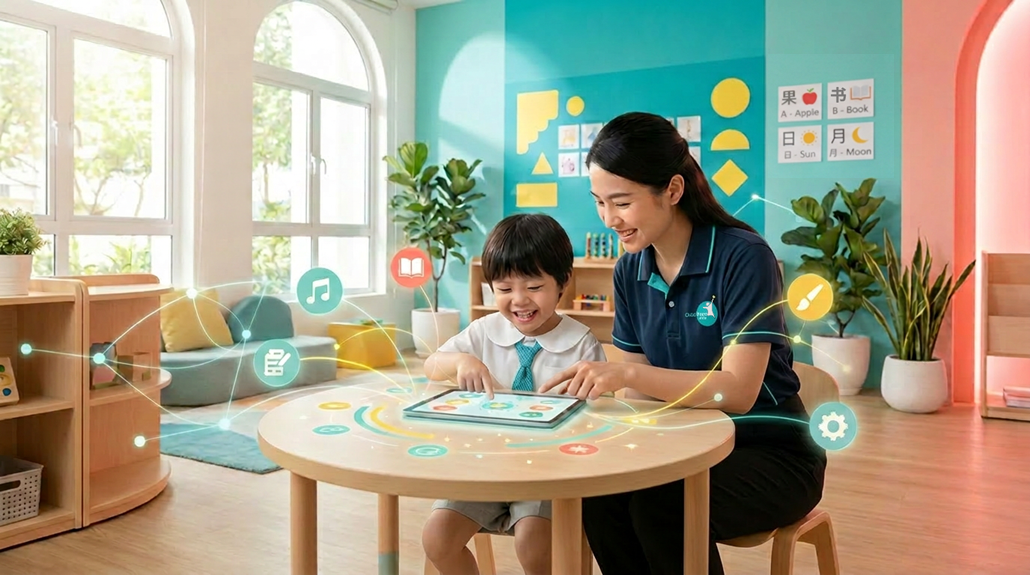 Child at preschool desk smiling at tablet, teacher beside, in bright, modern classroom.