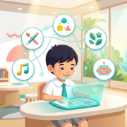 Child at tablet in vibrant classroom, surrounded by icons of learning intelligences.