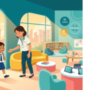 Child greeted by educator at Singapore after-school care center; vibrant, welcoming scene.