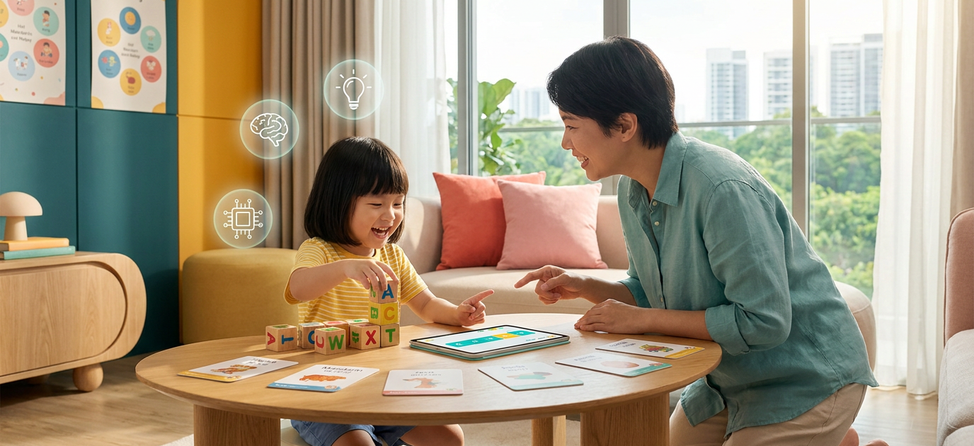 Child learning with parent in a sunlit Singapore apartment, colorful materials, AI motifs.