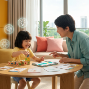 Child learning with parent in a sunlit Singapore apartment, colorful materials, AI motifs.