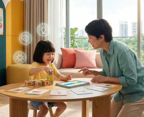 Child learning with parent in a sunlit Singapore apartment, colorful materials, AI motifs.