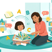 Child reading book in vibrant Singapore preschool, educator guiding with a smile.