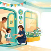 Child releasing parent's hand at Singapore preschool entrance; teacher welcomes with open arms.