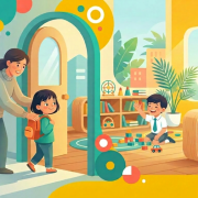 Child with backpack smiles at parent, transitioning from muted preschool to vibrant new setting.
