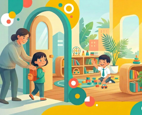 Child with backpack smiles at parent, transitioning from muted preschool to vibrant new setting.