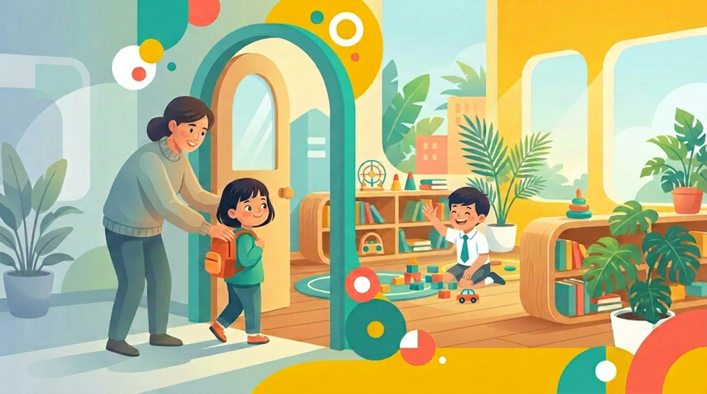 Child with backpack smiles at parent, transitioning from muted preschool to vibrant new setting.