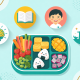 Colourful bento lunchbox in Singapore preschool with educational icons around.