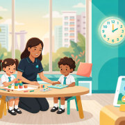 Cozy Singapore preschool with diverse kids, educator, tech, and creative play.