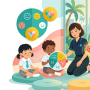 Diverse kids in a preschool, exploring emotions with a teacher in a bright, nurturing space.