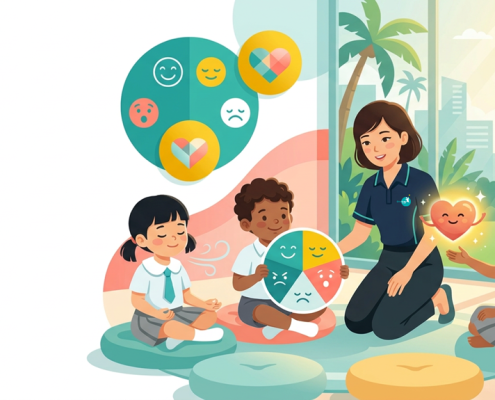 Diverse kids in a preschool, exploring emotions with a teacher in a bright, nurturing space.