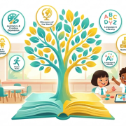 Modern Singapore preschool with a glowing book-tree, diverse kids, and educational icons.