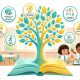 Modern Singapore preschool with a glowing book-tree, diverse kids, and educational icons.
