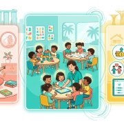 Modern triptych of childcare scenarios; nanny with toddler, vibrant classroom, parent evaluating options.