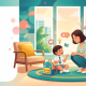 Mother and child share a joyful, engaged moment on a living room floor in warm light.