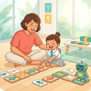 Parent and child engaged in playful coding with wooden tiles in a bright Singapore home.
