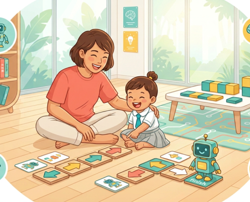 Parent and child engaged in playful coding with wooden tiles in a bright Singapore home.