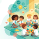 Preschool children in a circle on a play mat, sharing and laughing in a sunlit, cheerful classroom.
