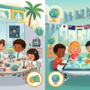 Preschool scene in Singapore with diverse children learning, split local and international themes.