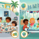 Preschool scene in Singapore with diverse children learning, split local and international themes.