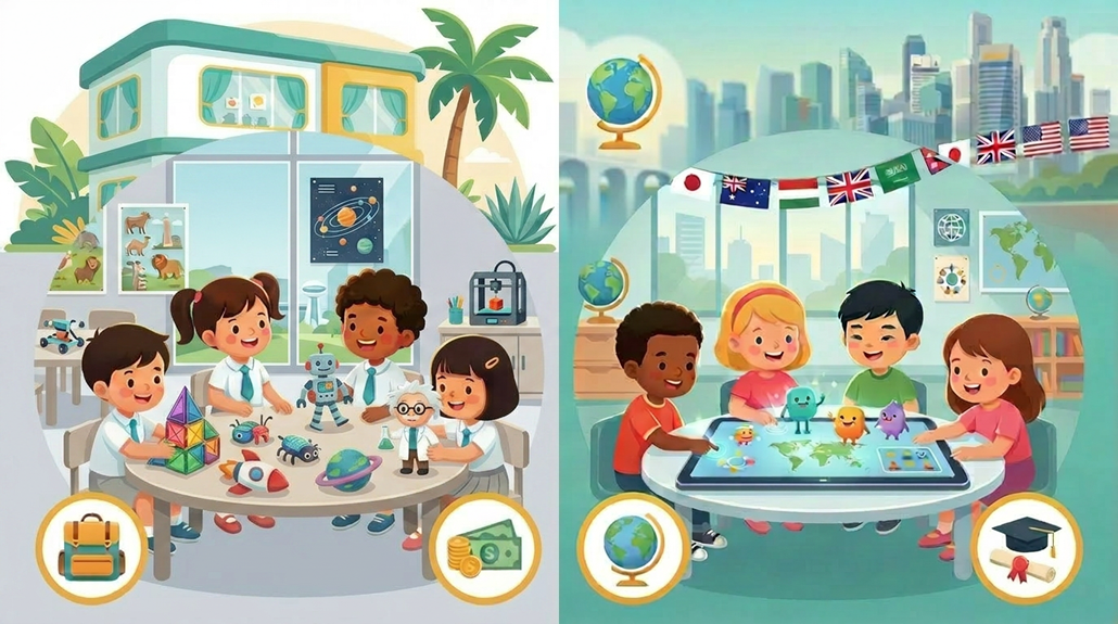 Preschool scene in Singapore with diverse children learning, split local and international themes.