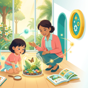 Preschool scene with curious child examining terrarium, guided by teacher in sunlit Singapore classroom.
