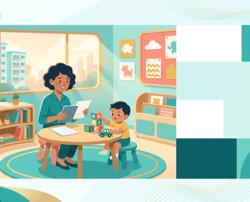 Singaporean mother and toddler in a vibrant preschool setting, reviewing childcare documents.