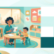 Singaporean mother and toddler in a vibrant preschool setting, reviewing childcare documents.