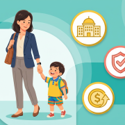 Singaporean mother in smart-casual attire holds hands with joyful child in preschool uniform, surrounded by icons symbolizing childcare themes on a teal background.