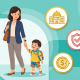Singaporean mother in smart-casual attire holds hands with joyful child in preschool uniform, surrounded by icons symbolizing childcare themes on a teal background.